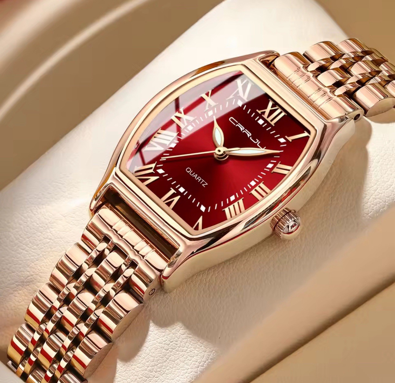 CRRJU Women’s Quartz Analog Watch Red Dial Roman Rose Gold Steel Bracelet