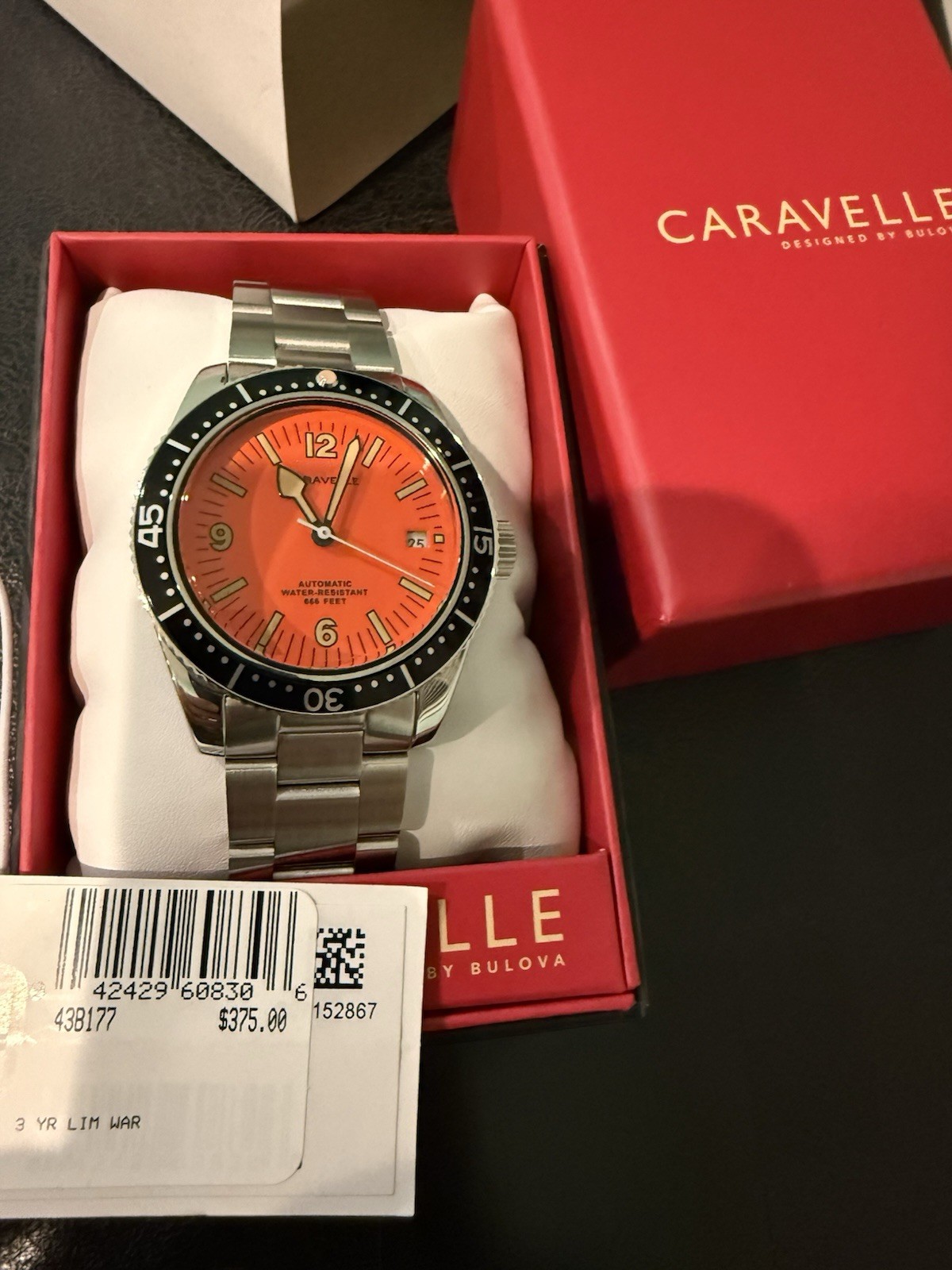 Caravelle 43B177 Men’s Sea Hunter Stainless Steel Orange Dial Automatic Watch