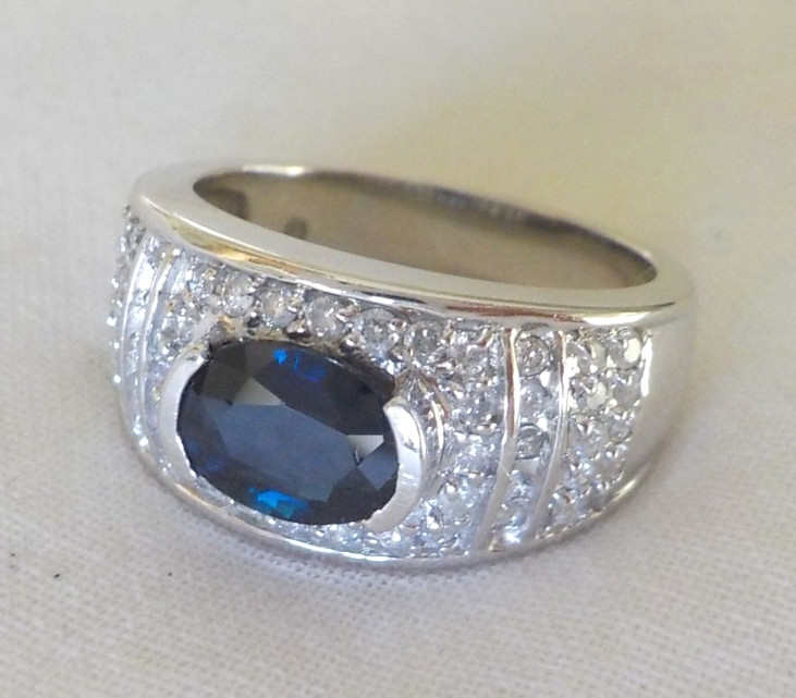14k White Gold Solitaire Sapphire Diamond Ring – 6.80 gms, Sz 6.75, 1.86 ctw