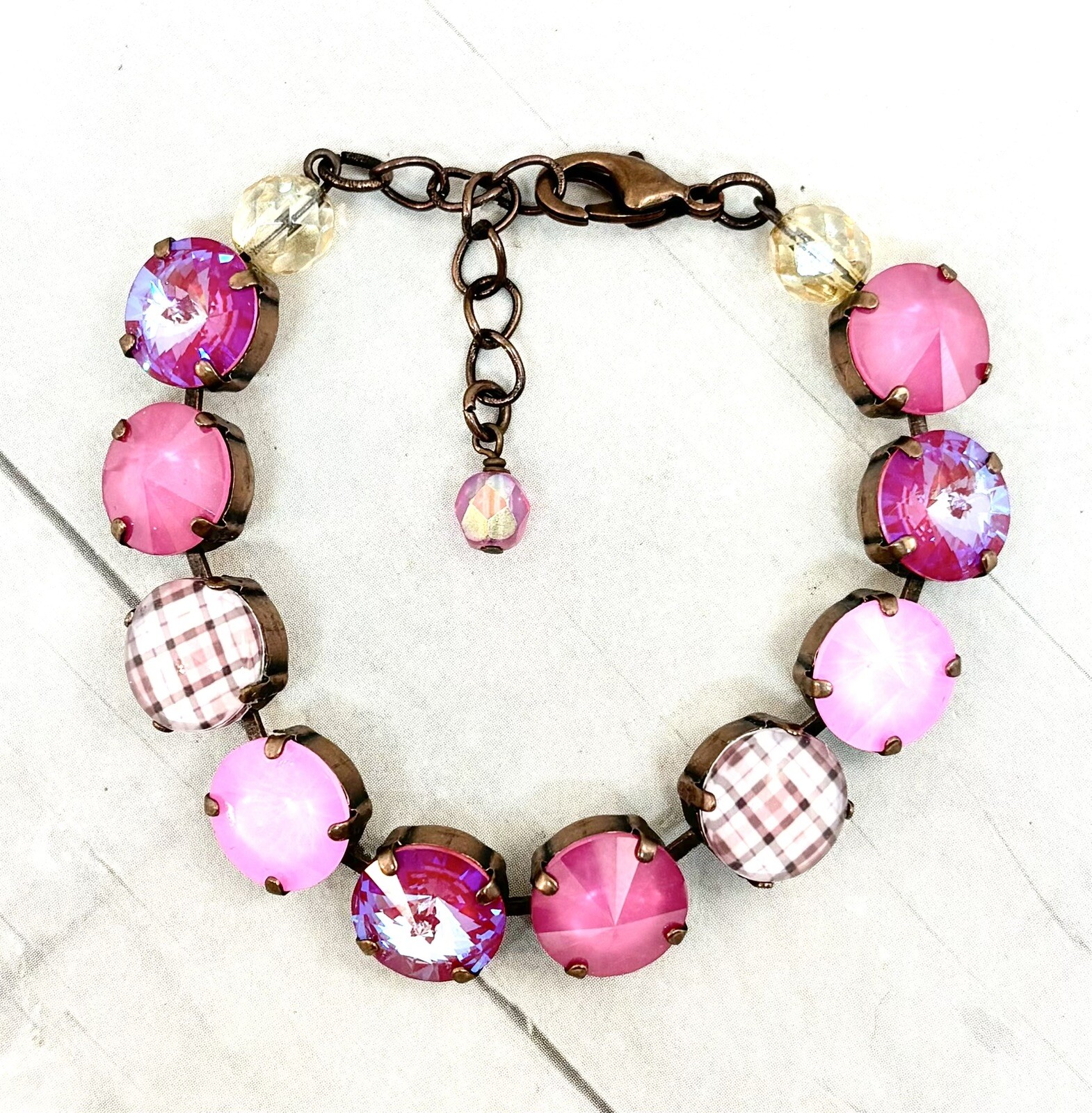PINK Plaid Cup Chain Statement Bracelet made with Pink Austrian Crystals