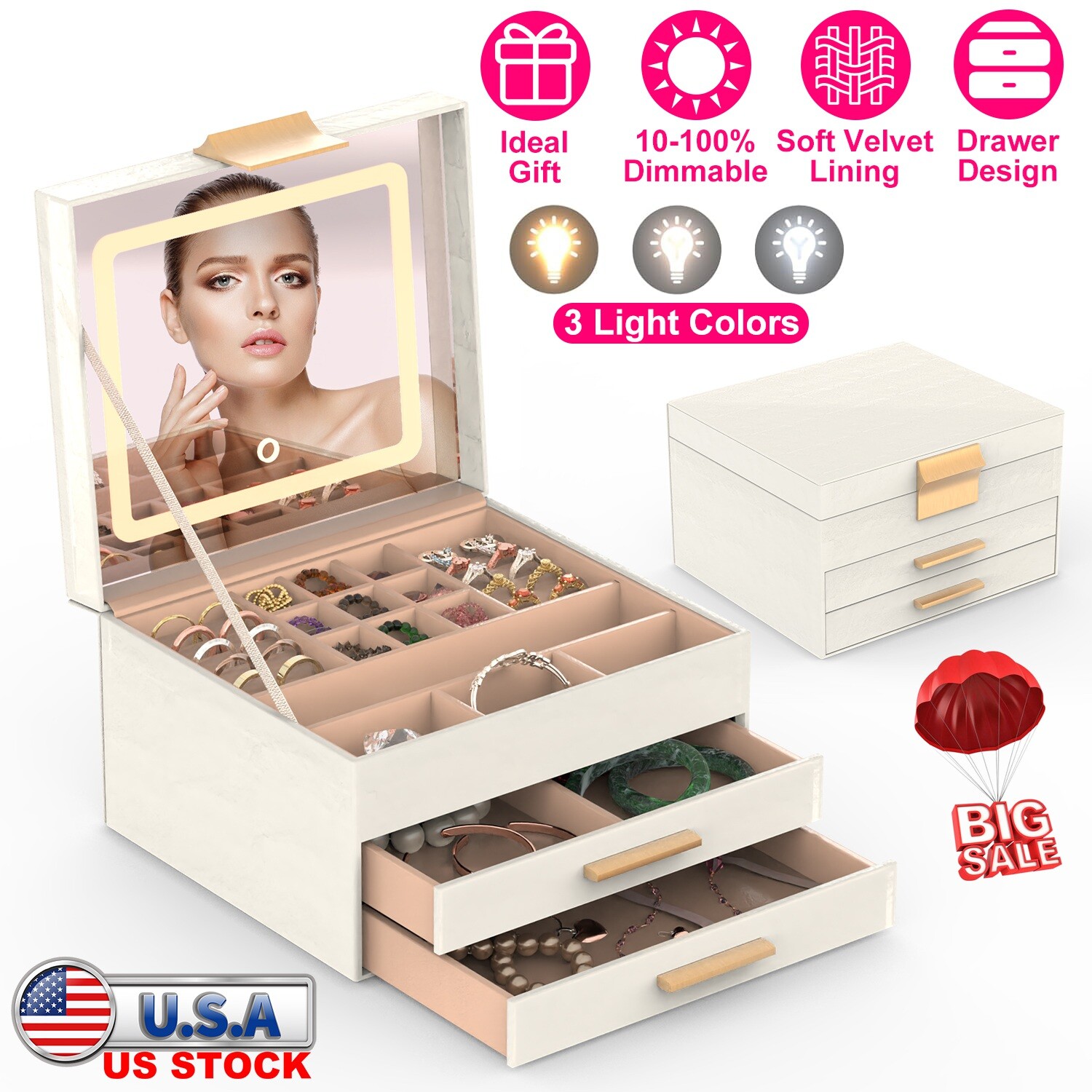 Women Velvet Lining Jewelry Box with LED Mirror Storage Organizer Makeup Case
