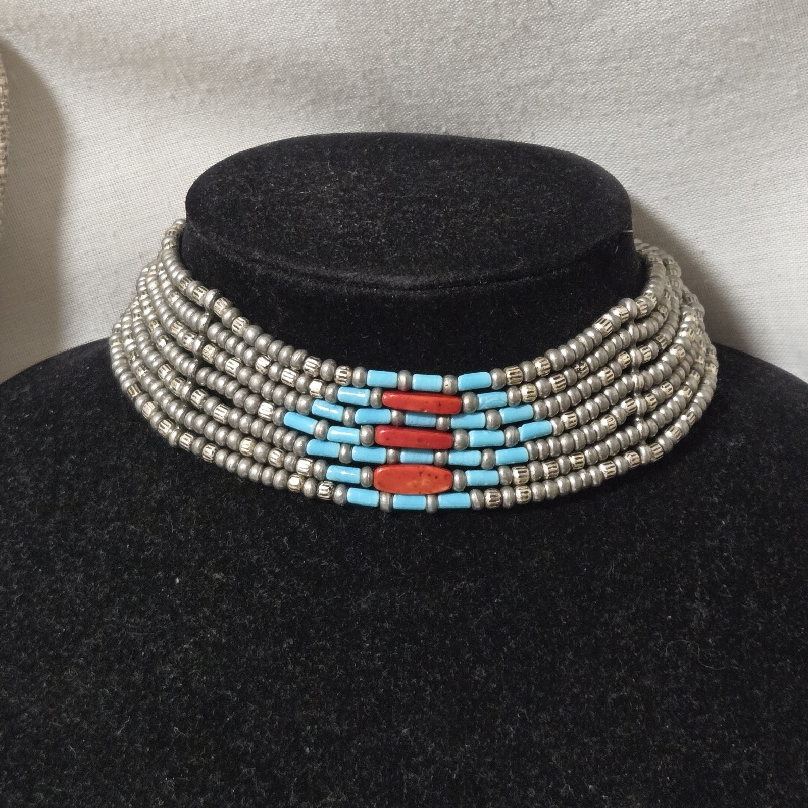Vtg Signed Ben Amun 15″ Choker Necklace 7 Row Strand Faux Turquoise Coral