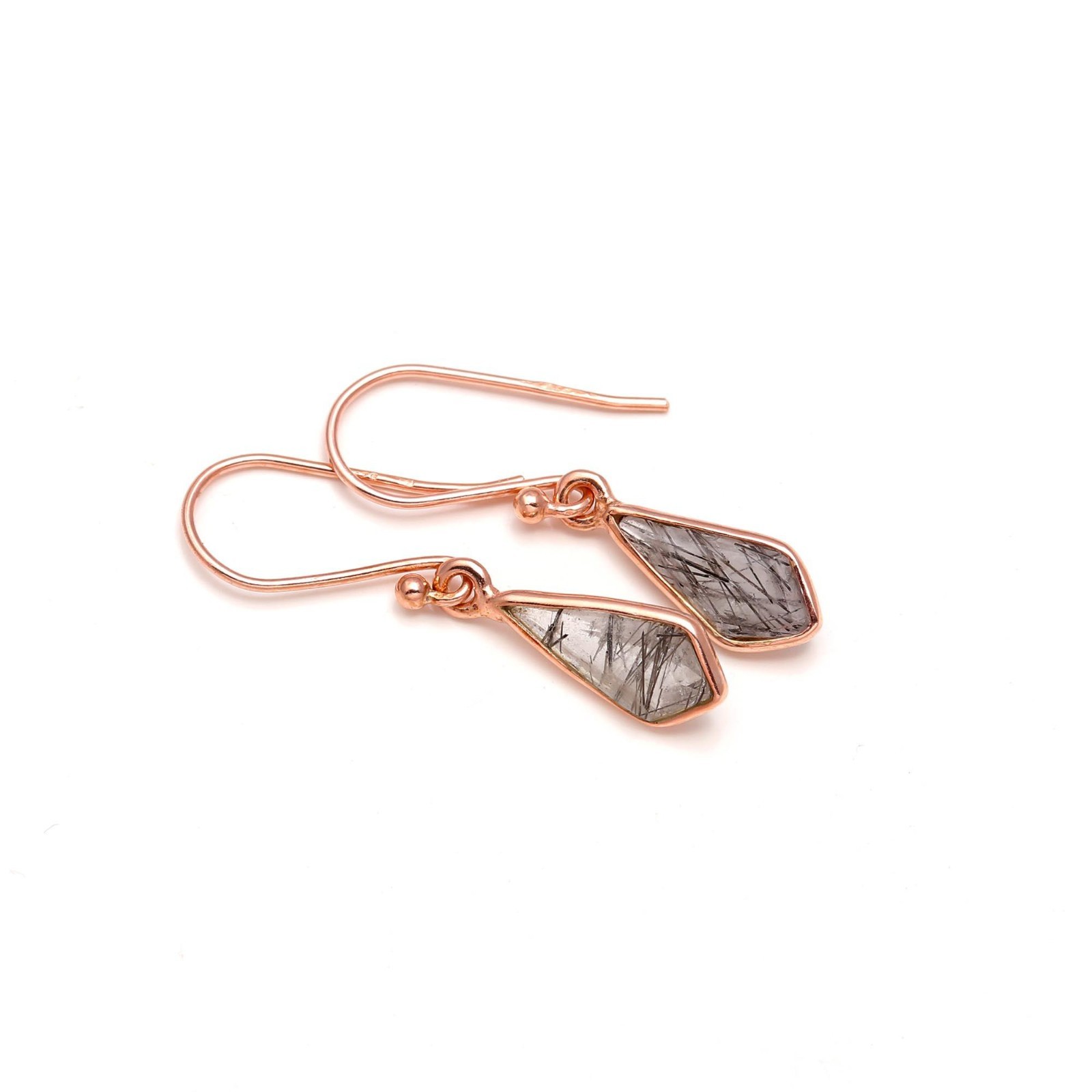 Natural Black Rutile Kite Dangle Earrings Rose Gold Plated Solid Silver Jewelry