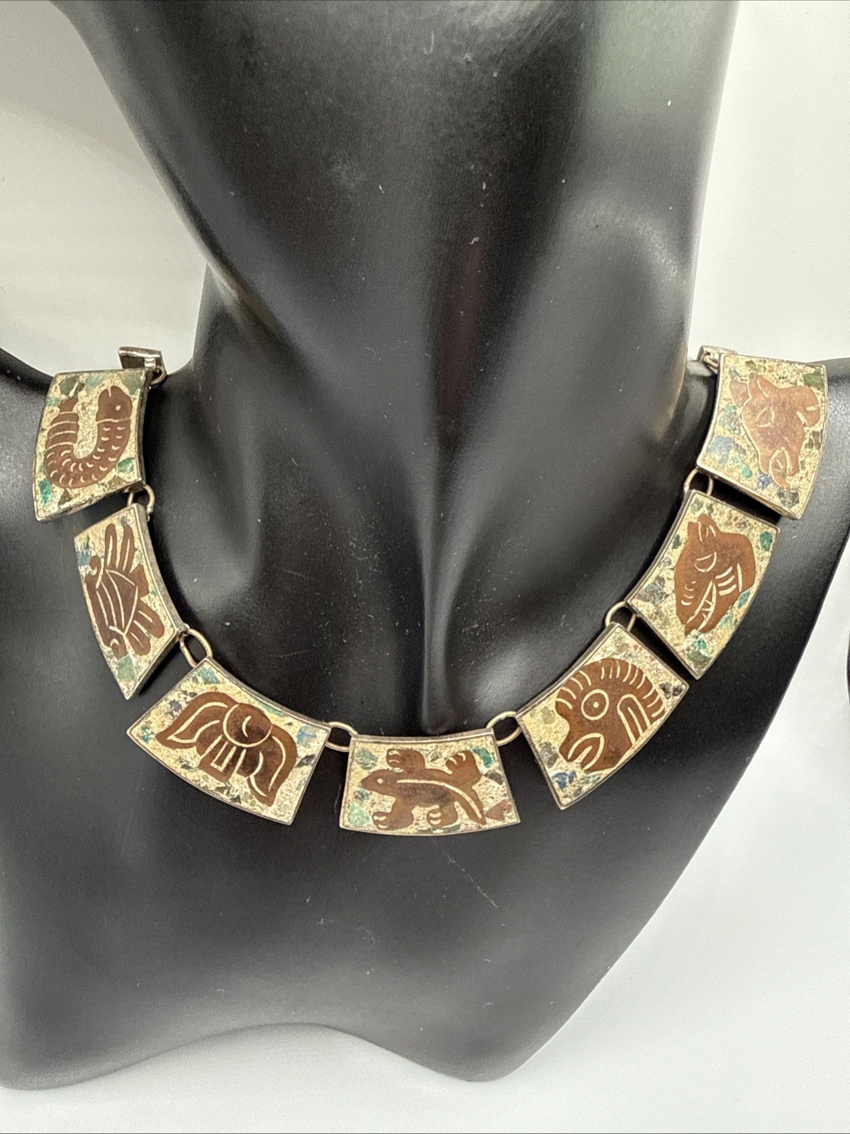 VTG HECHO EN MEXICO 925 STERLING MIXED STONES AZTEC NECKLACE.56.8 GRAMS.SIGN DH?