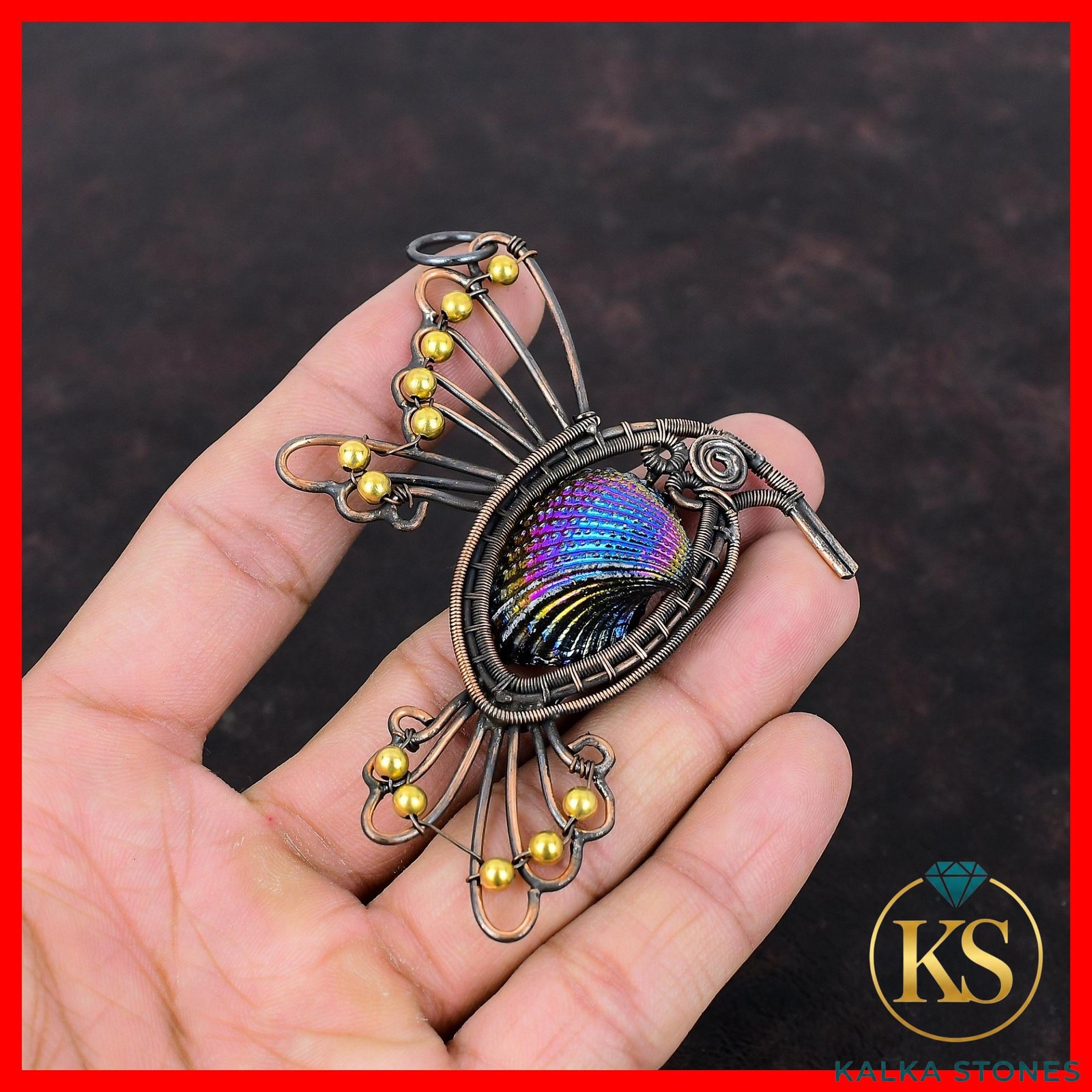 Pear Titanium Coated Shell Gemstone Wire Wrapped Bird New Pendant Jewelry Copper