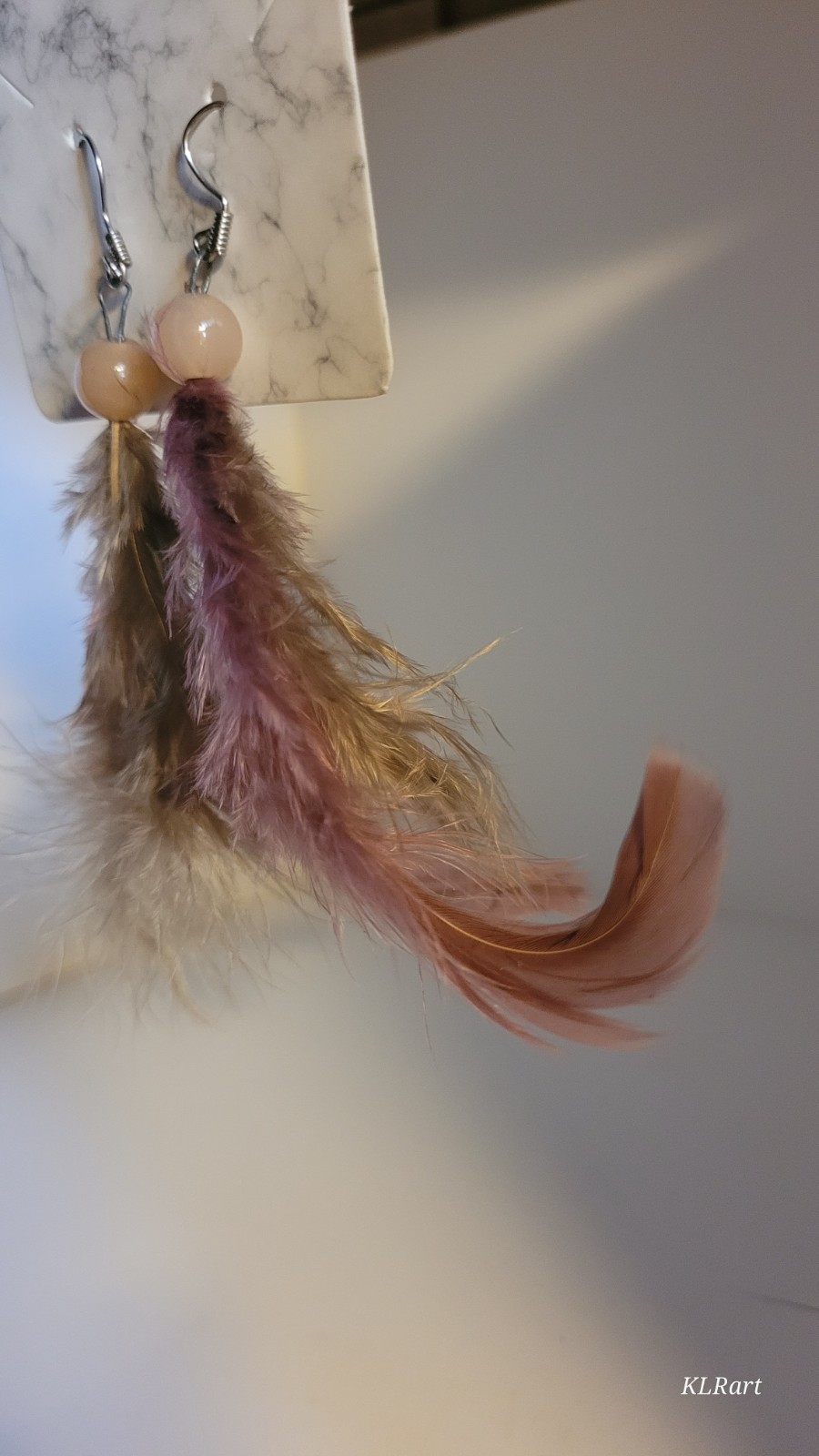 Dusty rose feather Earrings with rose Beads, Vintage Style
