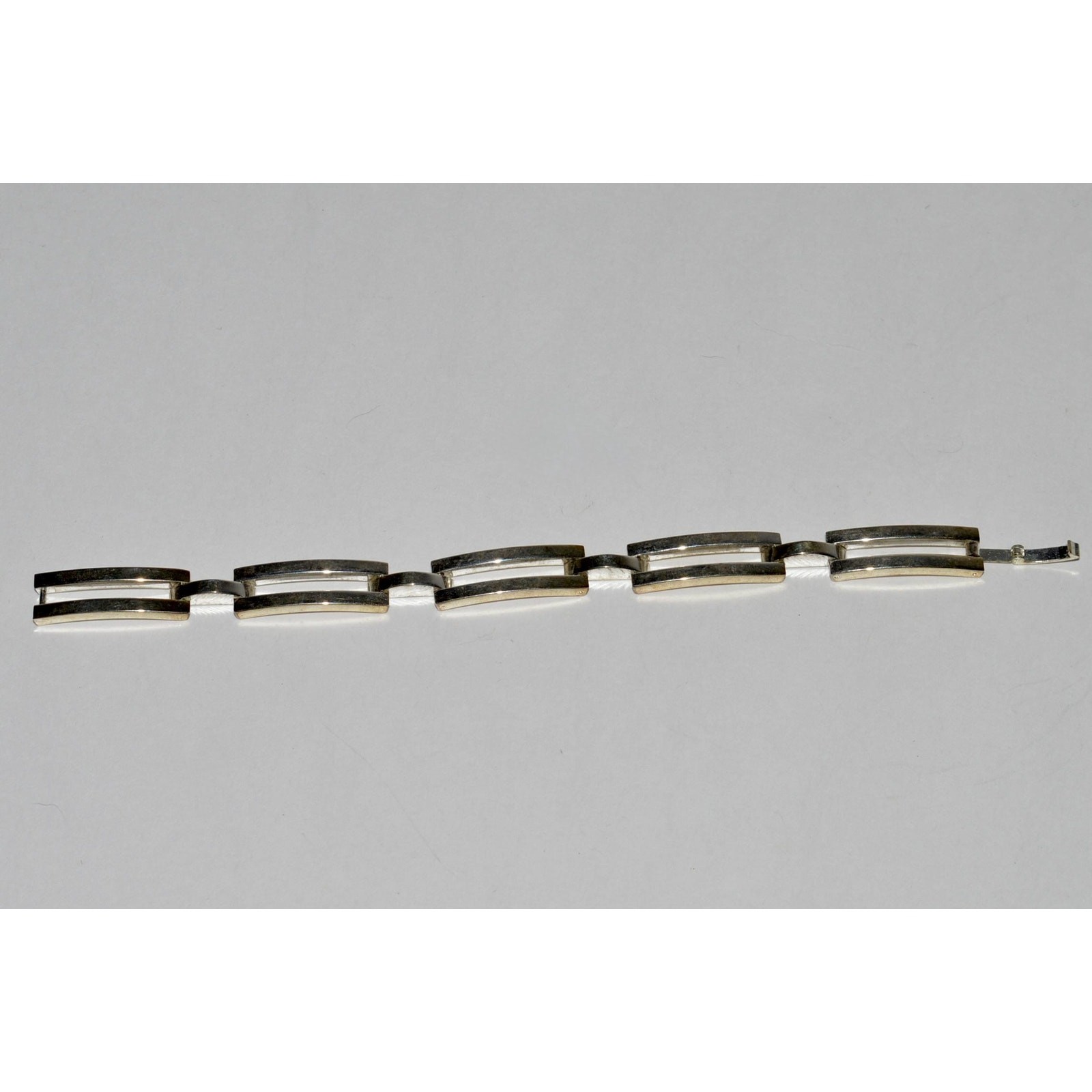 Sterling Silver Link Bracelet, Modernist 5 Link Bracelet Hidden Fold Over Clasp