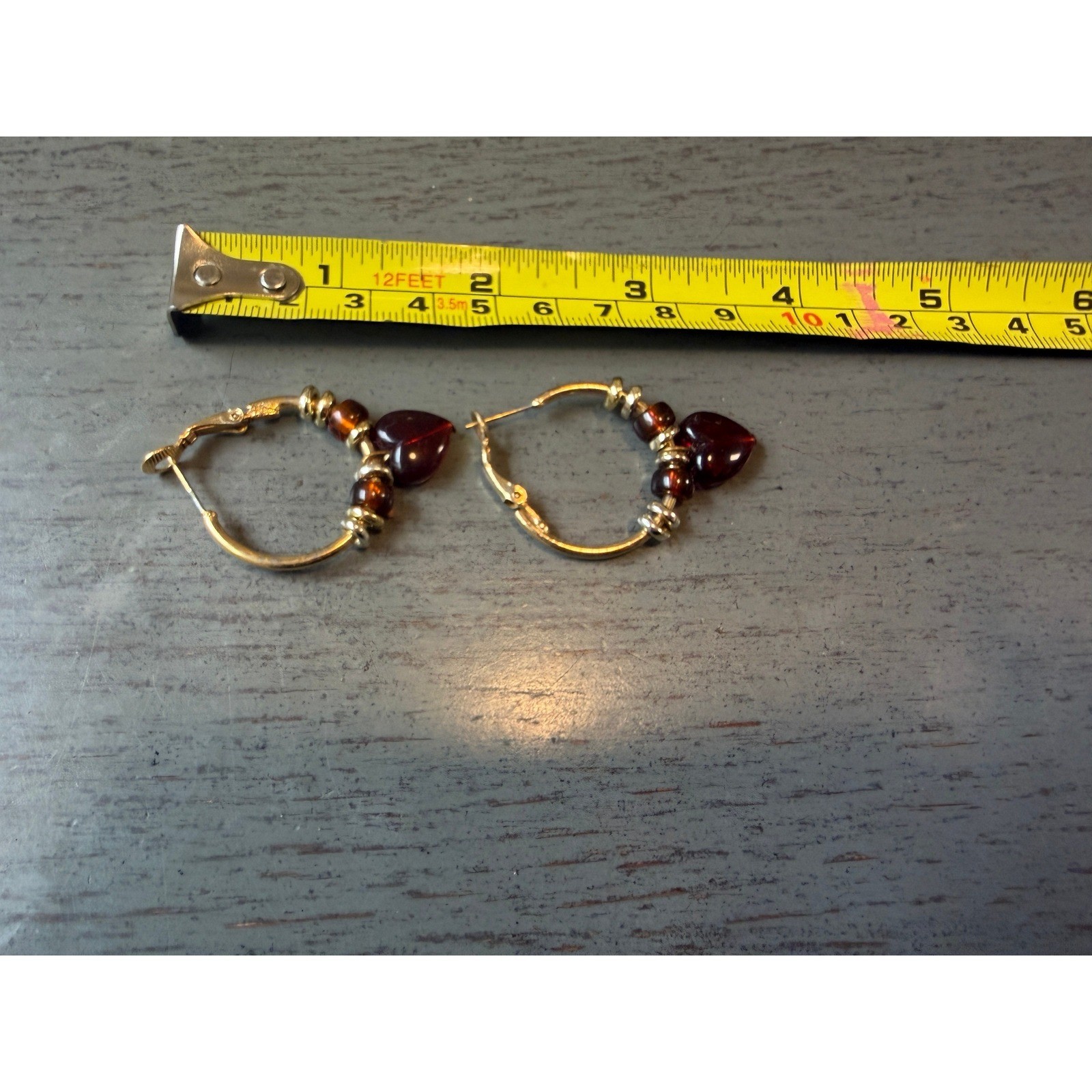 Gold Tone Hoop Earrings with Red Heart Beads and Amber Accents Latch Back