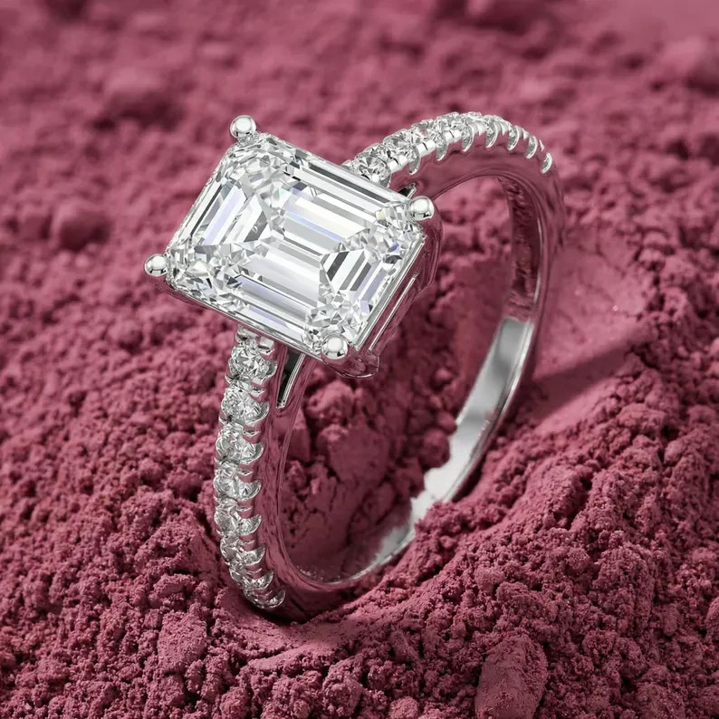 Best Offer For Engagement Ring ! Emerald Cut Lab Grown Diamond 14k White Gold