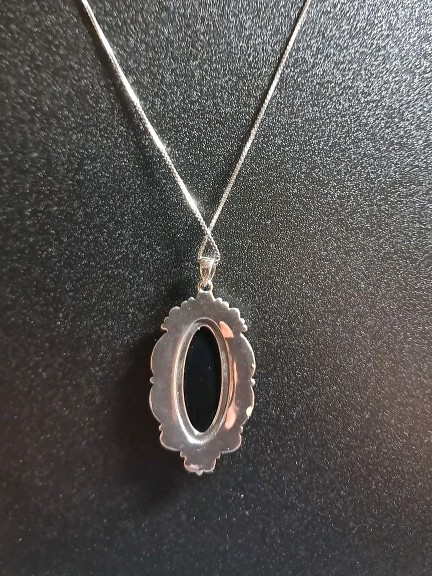 Large Black Onyx Gemstone 925 Sterling Silver Pendant w 18″ Necklace 8.6 Gr #49