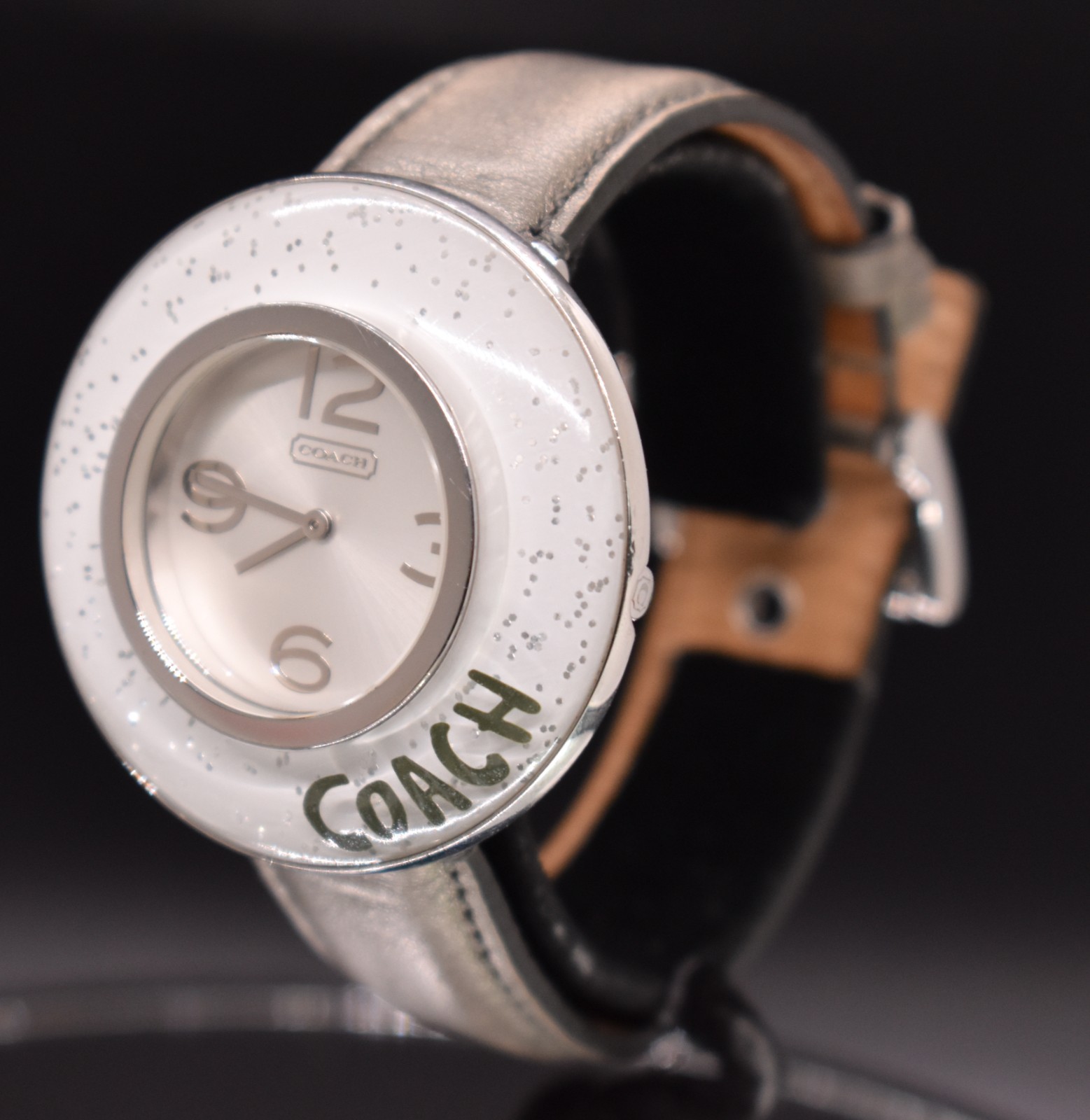 COACH Poppy Glitter Bubble Bezel Watch Women Leather 38.7.29.0422 NEW BATTERY