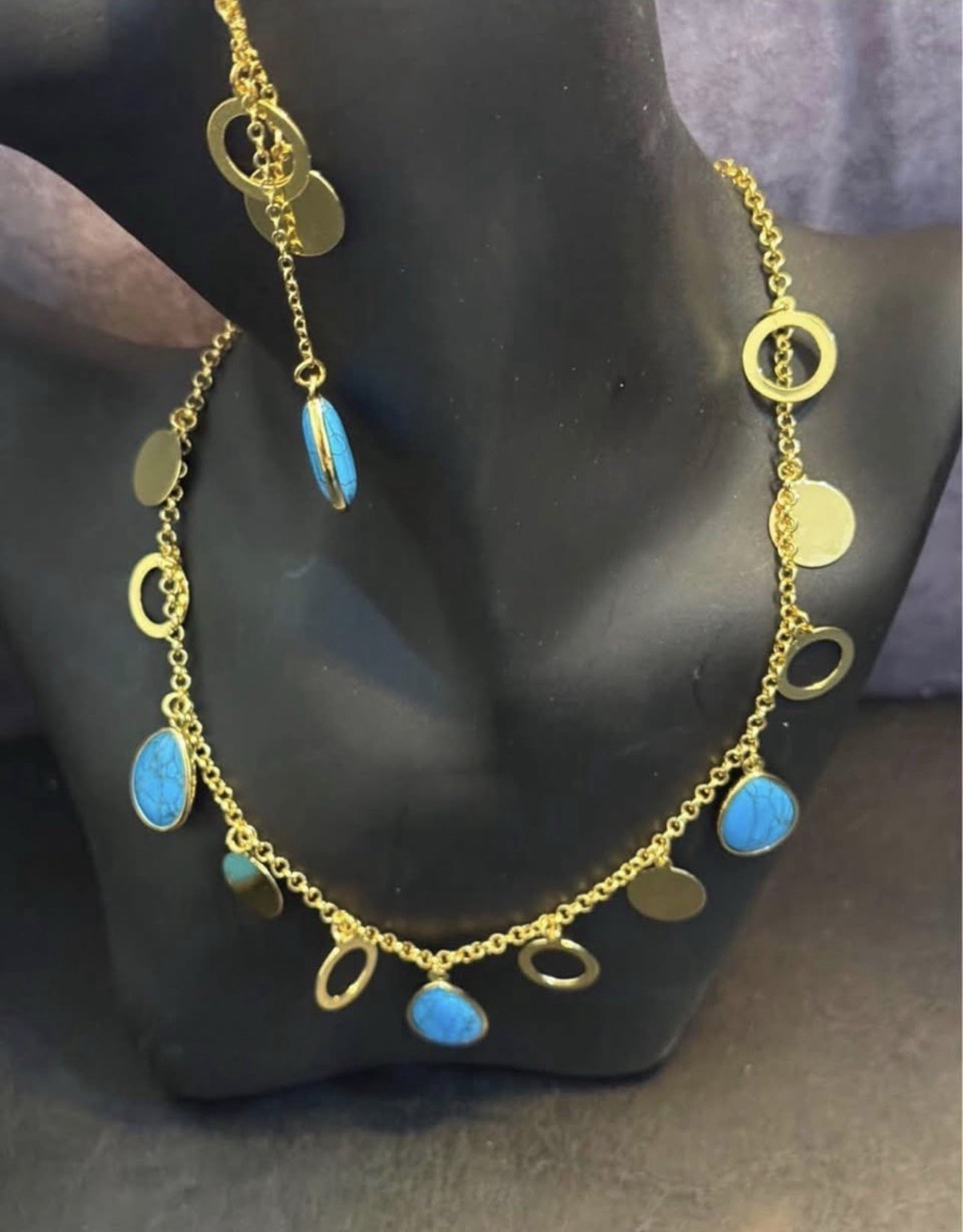None tarnish Blue Turquoise Teardrop Necklace Bracelet & Dangle Earrings Set