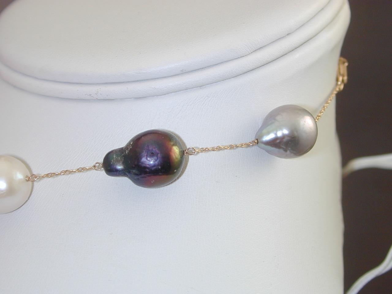Vintage 14-18mm Gray Black White Baroque Pearl V Necklace 14k 17.75” Tahitian