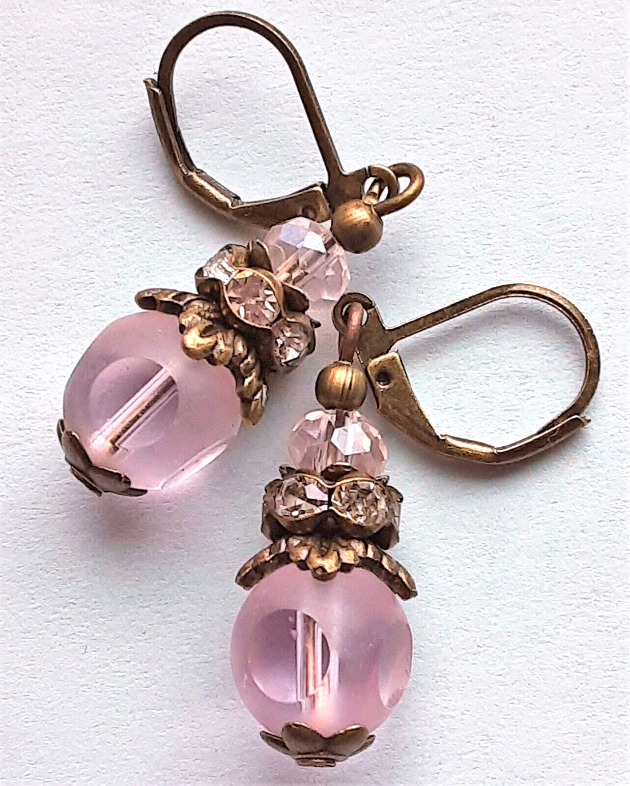 PINK FROSTED Window Cut CRYSTAL drops earring BRONZE LEVERBACK handcrafted XX