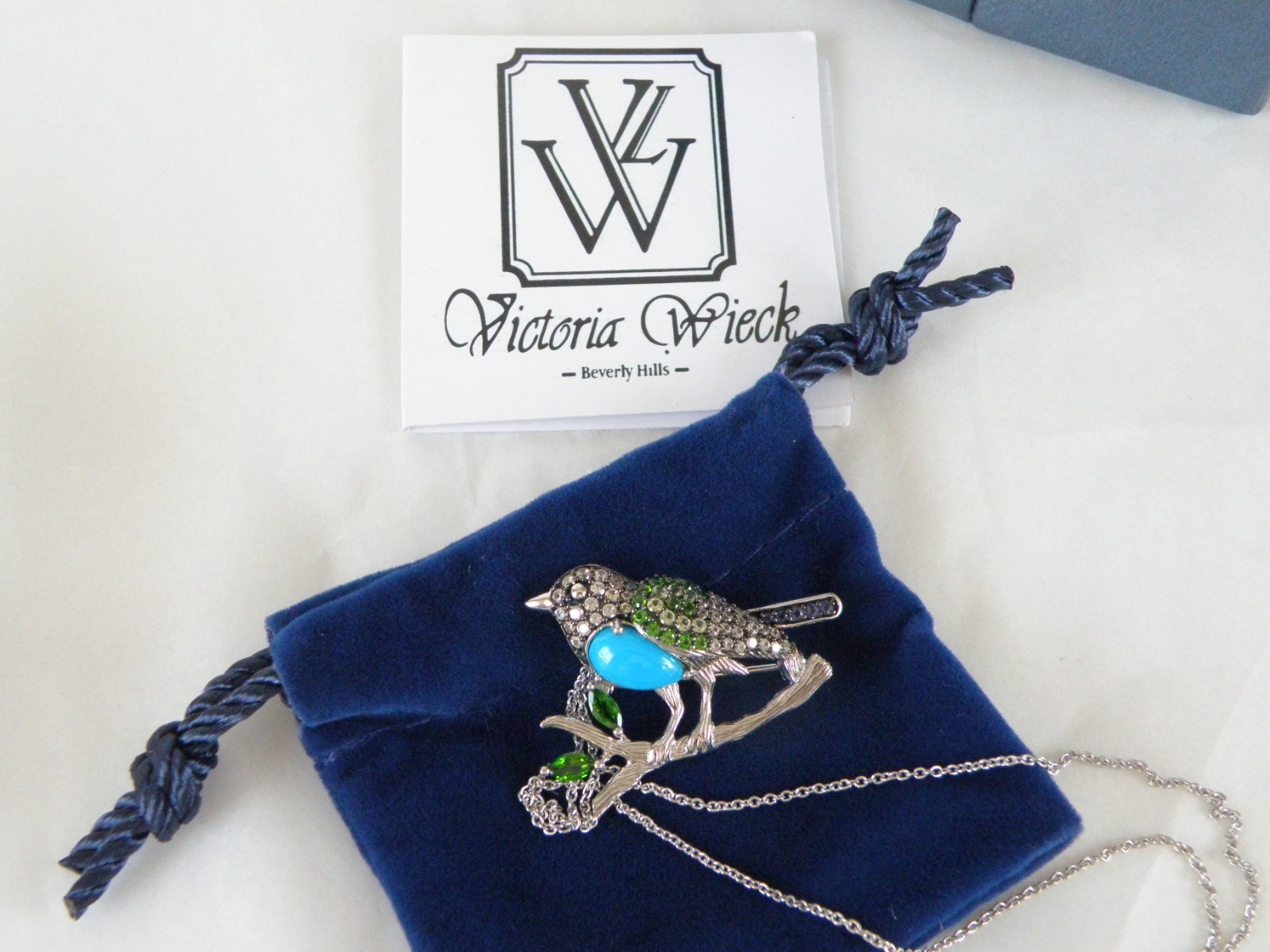 Victoria Wieck Sterling Silver 925 Turquoise Gemstone Bird Brooch Slide Necklace