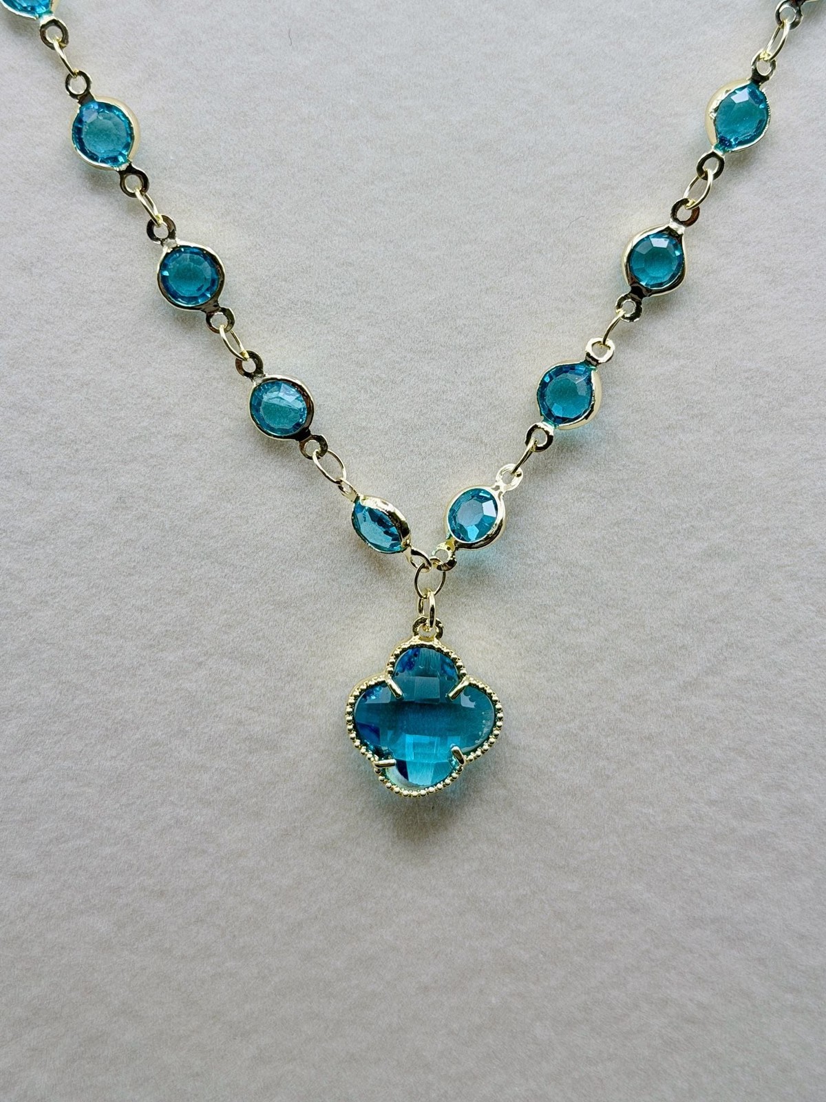 Gold Tone Blue Crystal Clover Station Beaded Necklace