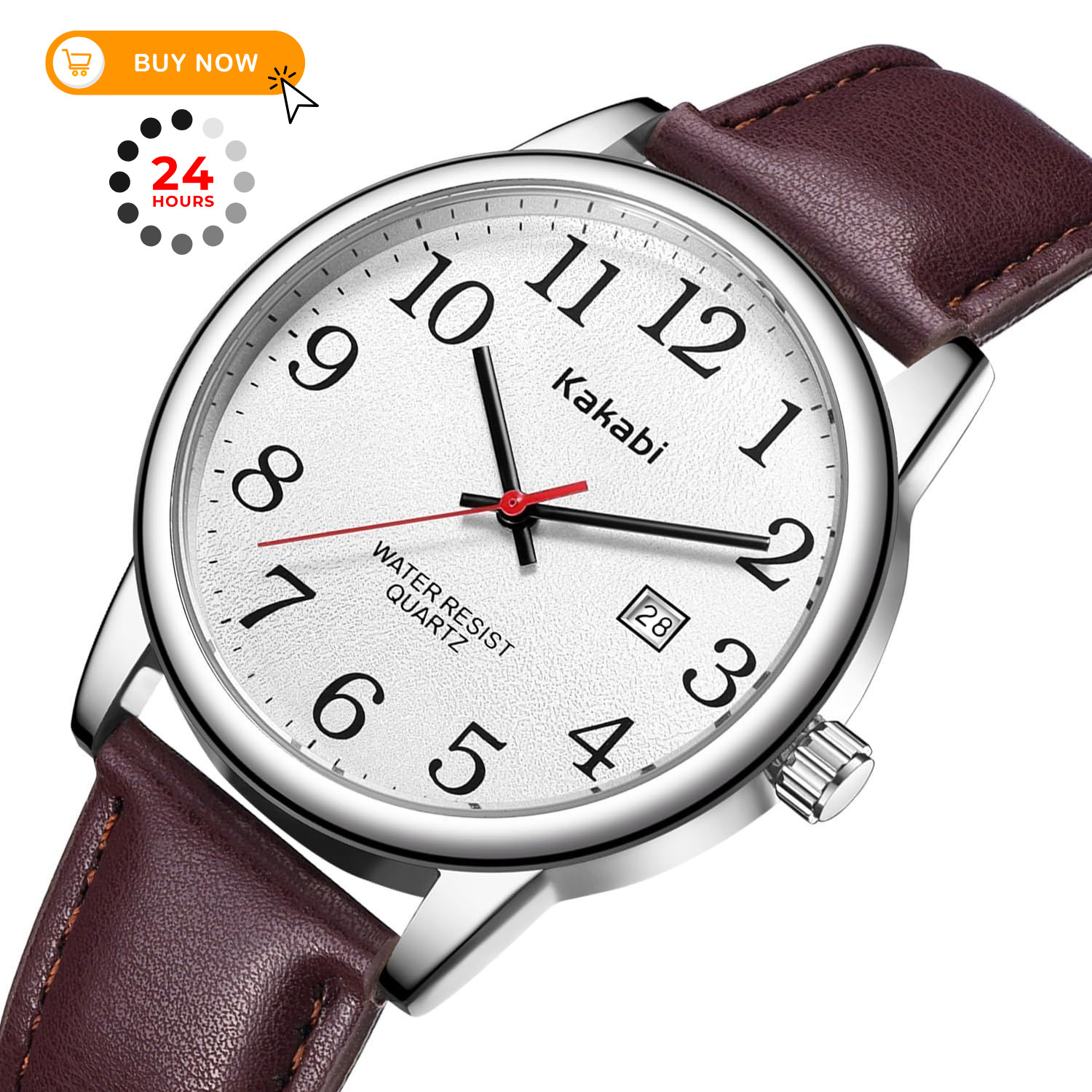 Kakabi Watch for Men, Easy Reader Unisex 03-Reddish-brown/Silver-Tone/White