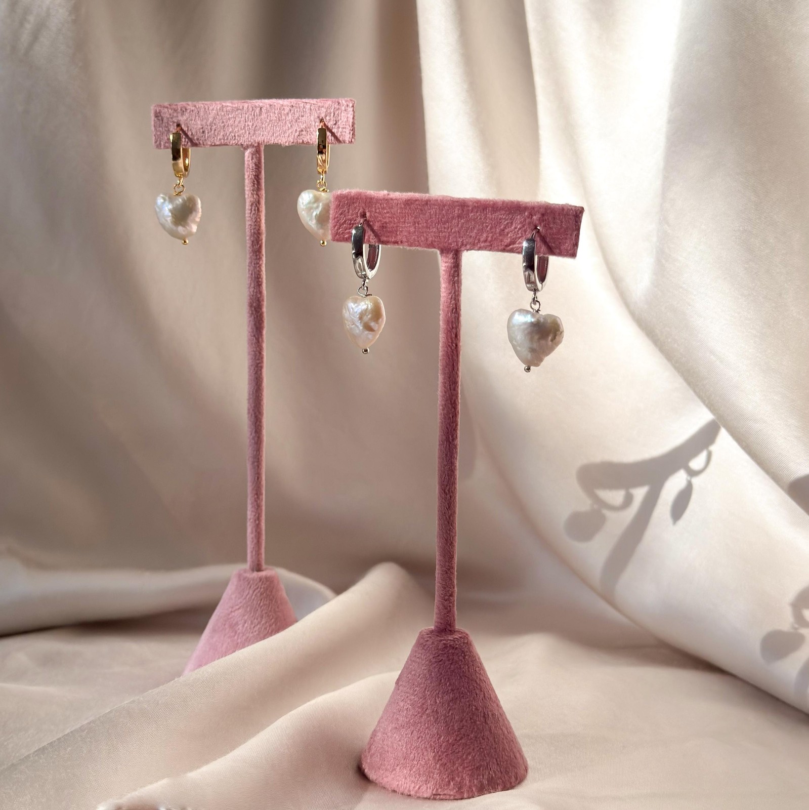 Heart Pearl Drop Earrings, Silver Huggie Hoops, Gift for Her