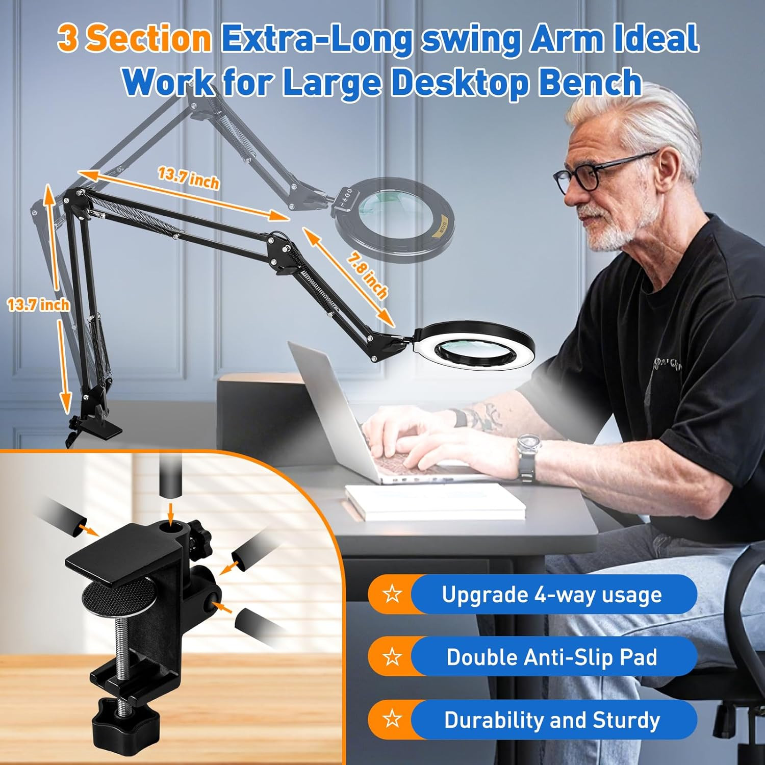 Ultra Long 3-Section Swing Arm 12X Magnifying Glass with Light and Stand, 4-Way