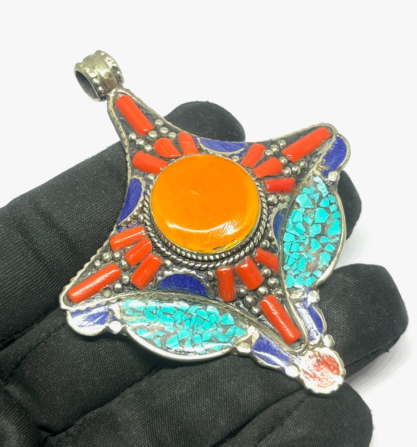 Ethnic Coral Turquoise Amber Gemstone Tibetan Style Pendant Jewelry, 3.0 inch