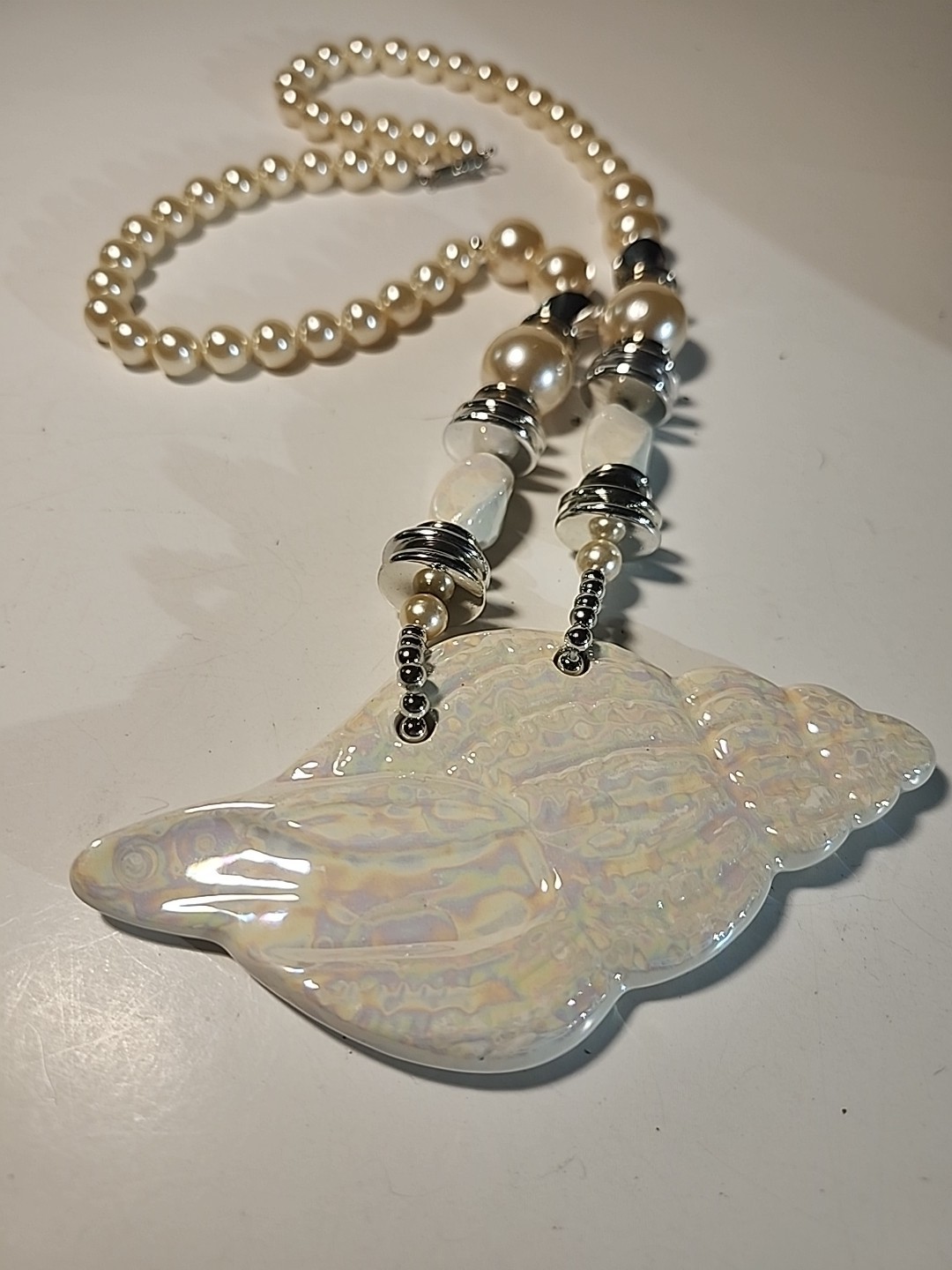 Iridescent SHell Pearl Necklace Silver Long 24 inch Statement Piece