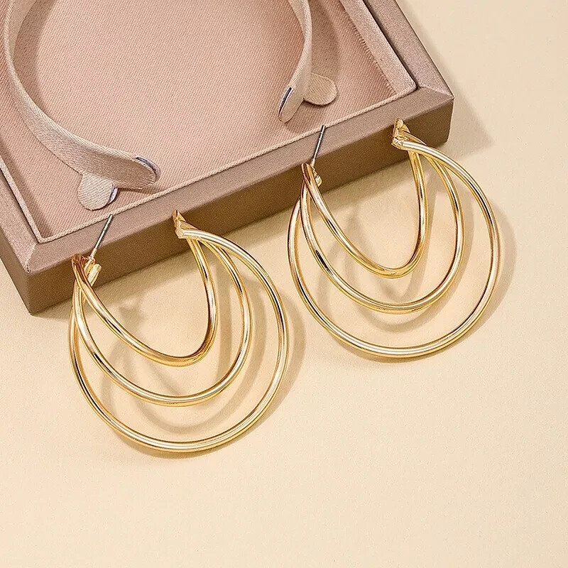 Gold Triple Hoop Earrings Triple Row Metal Hoop Stud Buy One Get Two Free