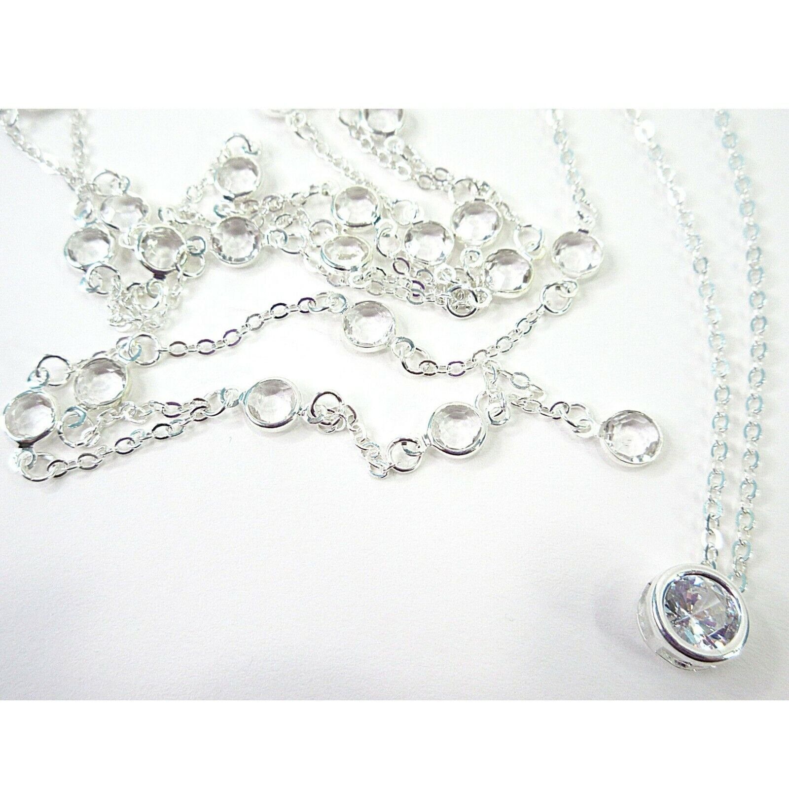 Crystal Silver Necklace Long Lariat Choker 2 Layer Y Drop Chain Stations Sparkle