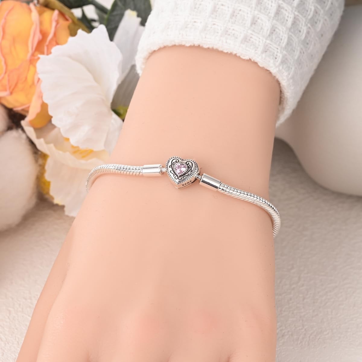 Sterling Silver Snake Chain Charm Bracelet 7.5″ Retro Heart Butterfly Heart