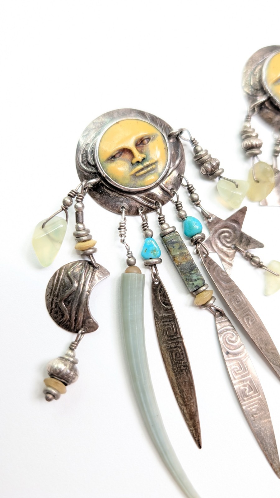 Vintage Tabra Moon Face Dangle Earrings Celestial Charms Sterling Silver 3.75 In