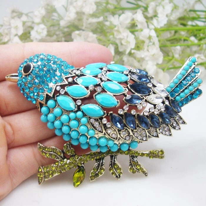 Vintage Blue Kingfisher Bird Woman’s Brooch Pin Rhinestone Crystal Festival Gif