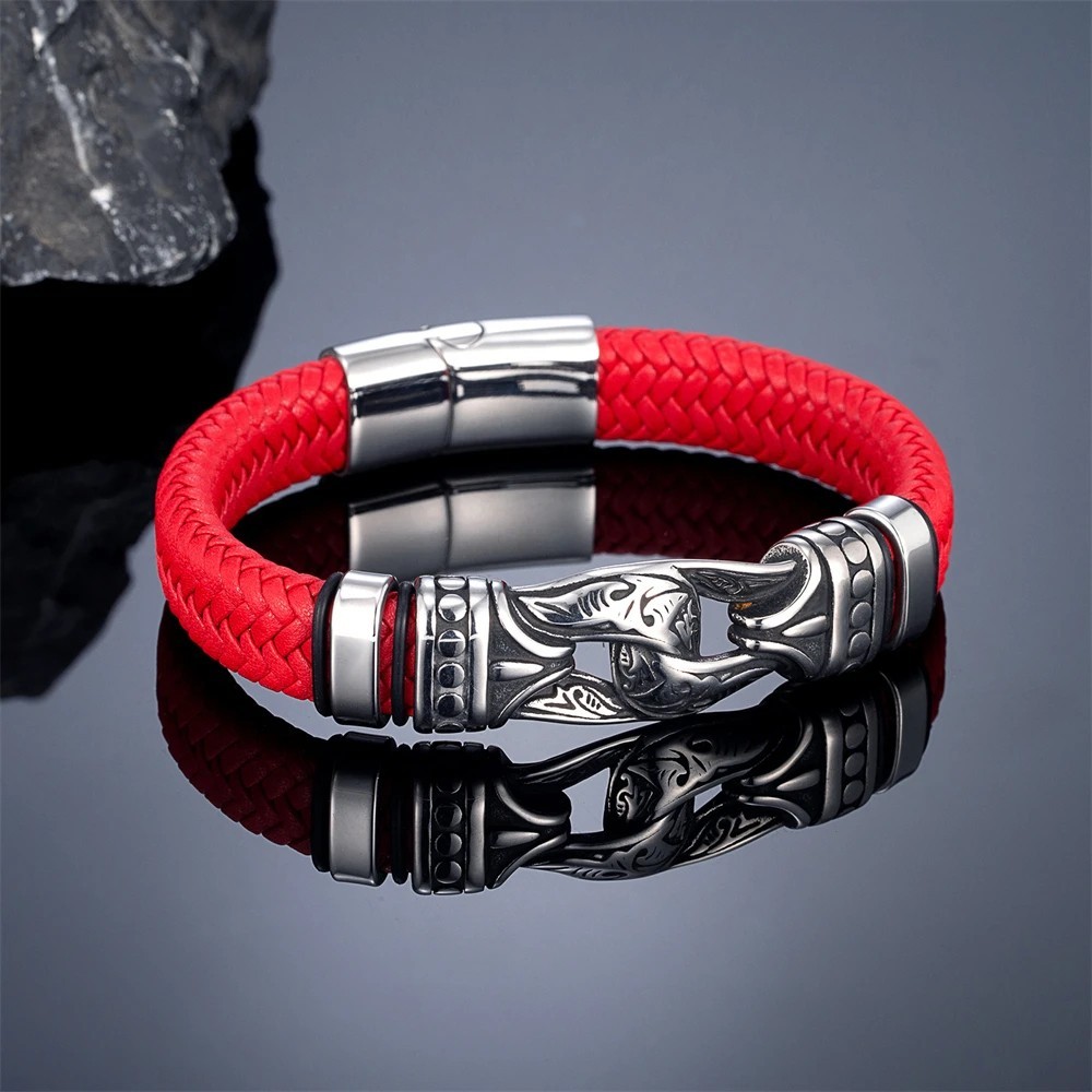 Handmade Leather Viking Bracelet Men Stainless Steel Wrap Cuff Magnetic Clasp