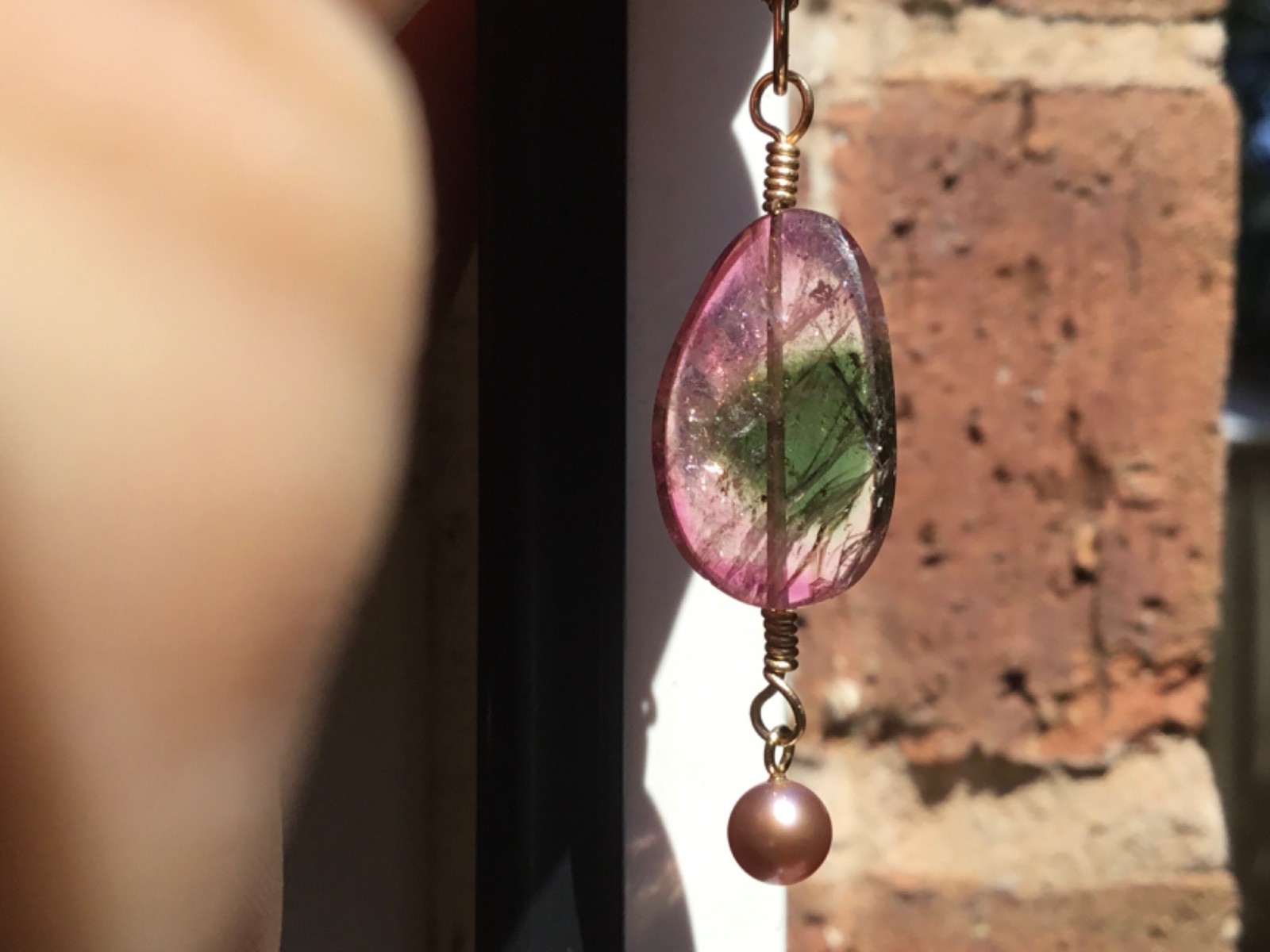 Solid 9ct gold tourmaline slice pendant 9k 375