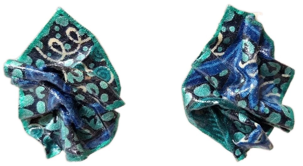 VTG Paper Mache Pierced Earrings Retro 80’s Glazed Ruched Fabric Blue Teal *RARE