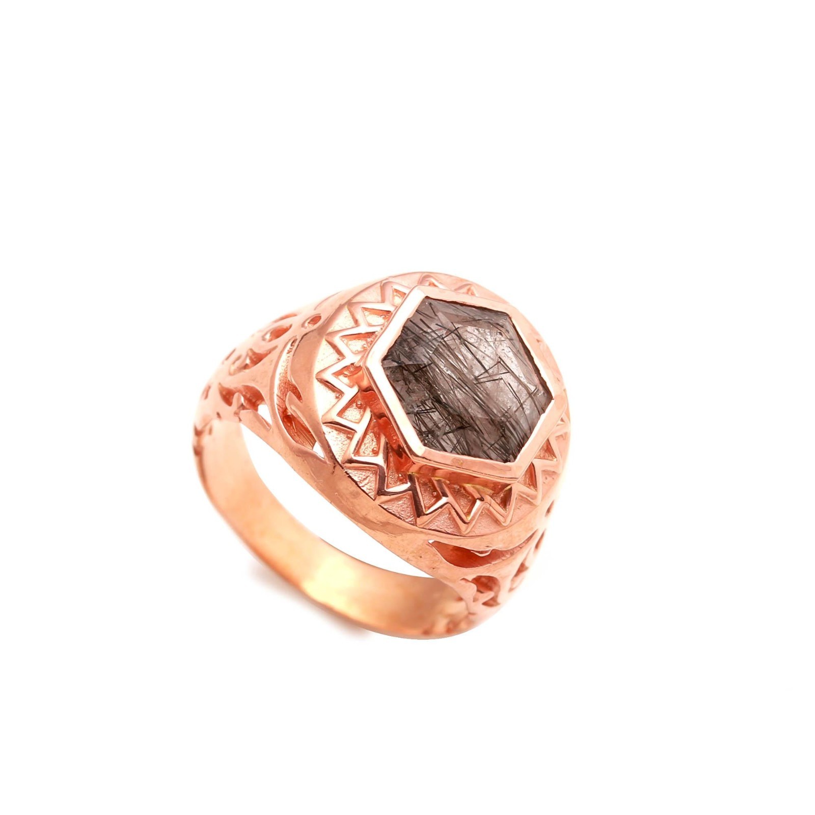 Natural Black Rutile Hexagon Ring Rose Gold Plated 925 Sterling Silver Jewelry