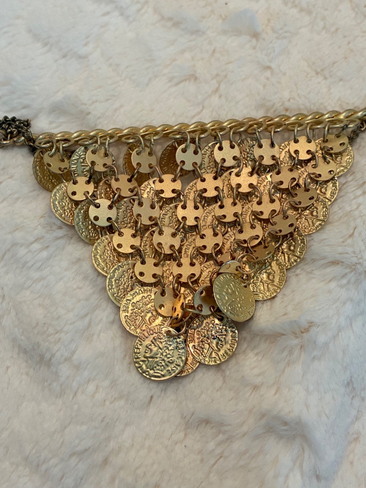 Roman Style Gold Tone Dangling Coin Bib Bar Costume Necklace & Armband