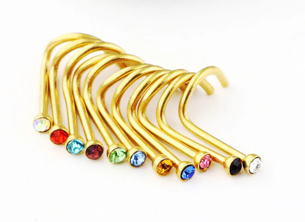 1 5 10pcs GOLD Nose Screw 2mm Gem 20g Twist Piercing Bar Stud Ring Crystal Bulk