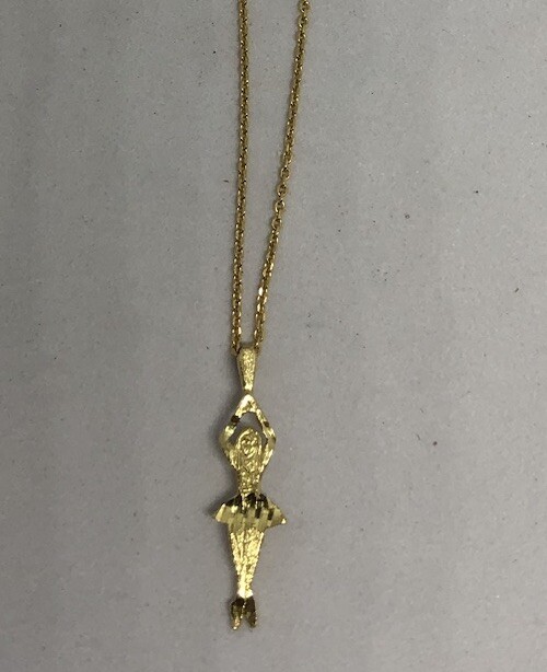 14k Gold Ballerina Pendant / Charm On 16” 14k Gold Chain 2.4 Grams
