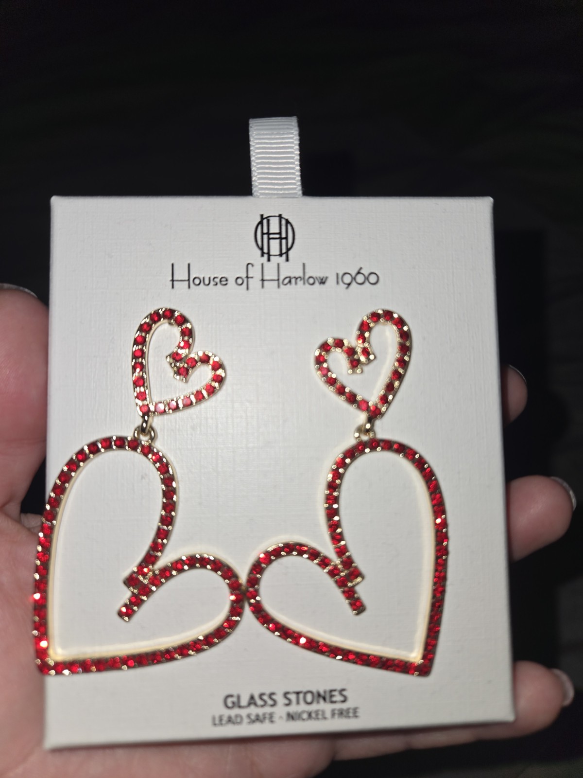 House of Harlow 1960 Red Double Heart Rhinestone Dangle Earrings Nickel Free NIB