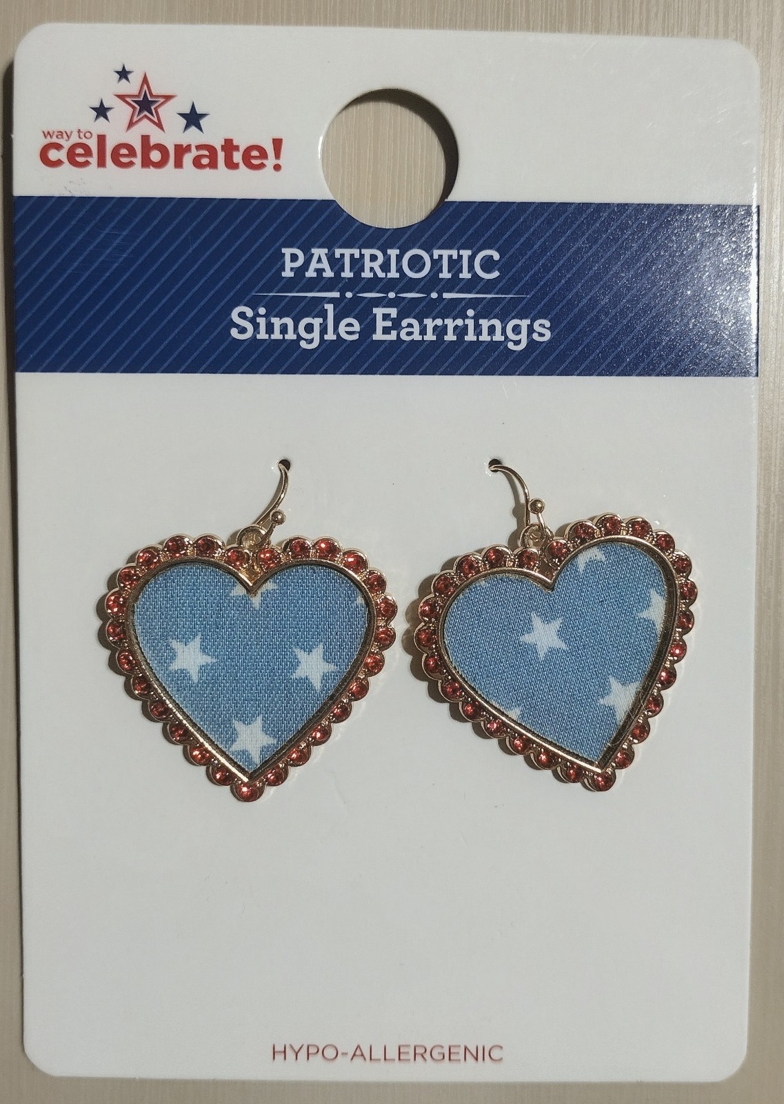Patriotic Earrings Hypoallergenic. Hearts Stars Red White Blue Gold Tone Metal