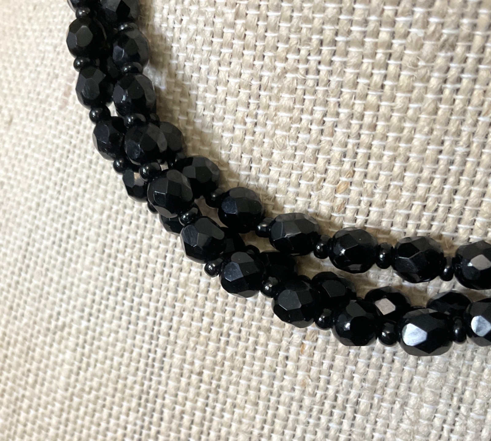 Vintage Black Glass Beaded Necklace Art Deco Adjustable Choker Antique Jewelry