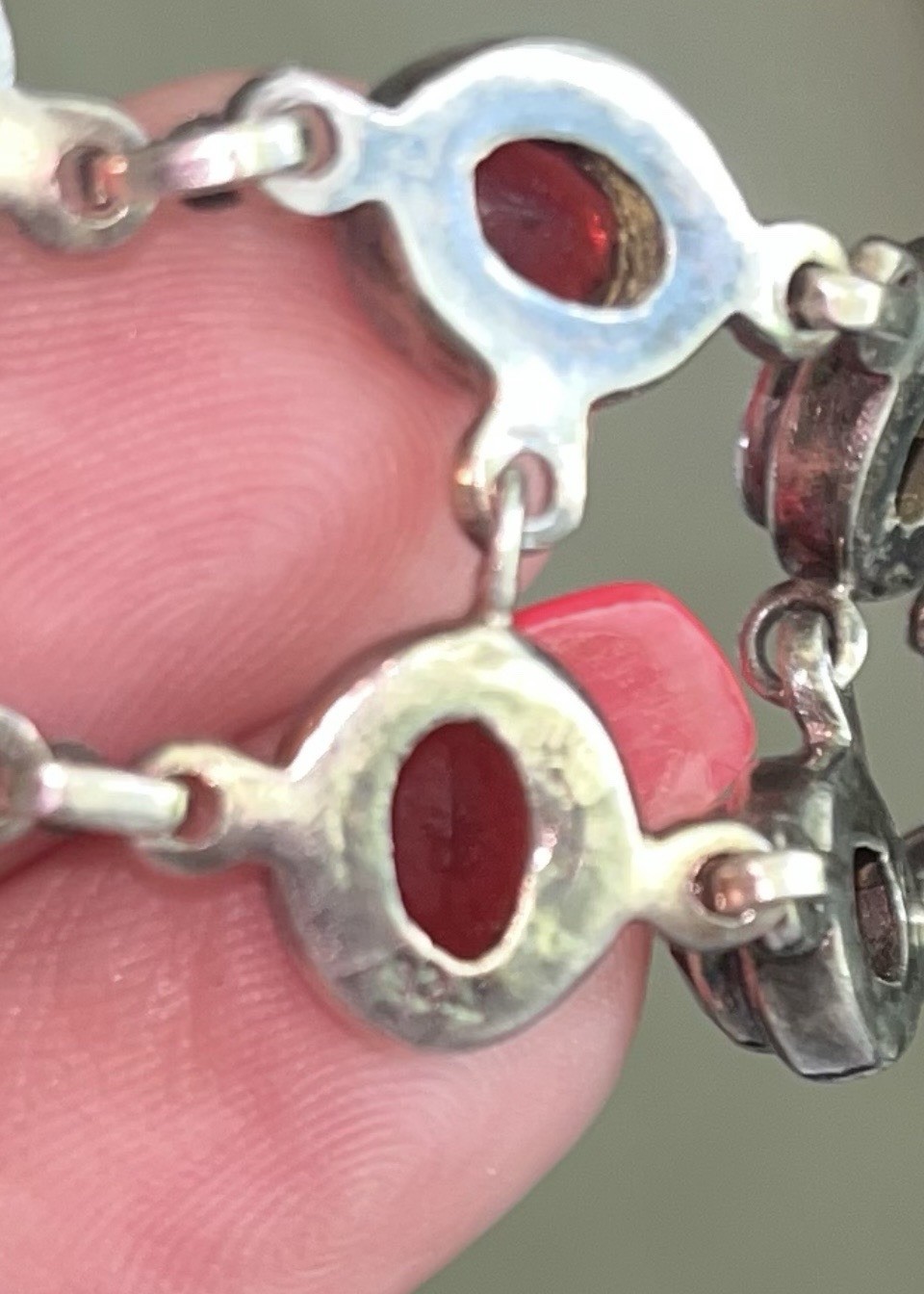 Sterling Silver Garnet Oval Bezel Tennis Chain Bracelet Adjustable 8 in