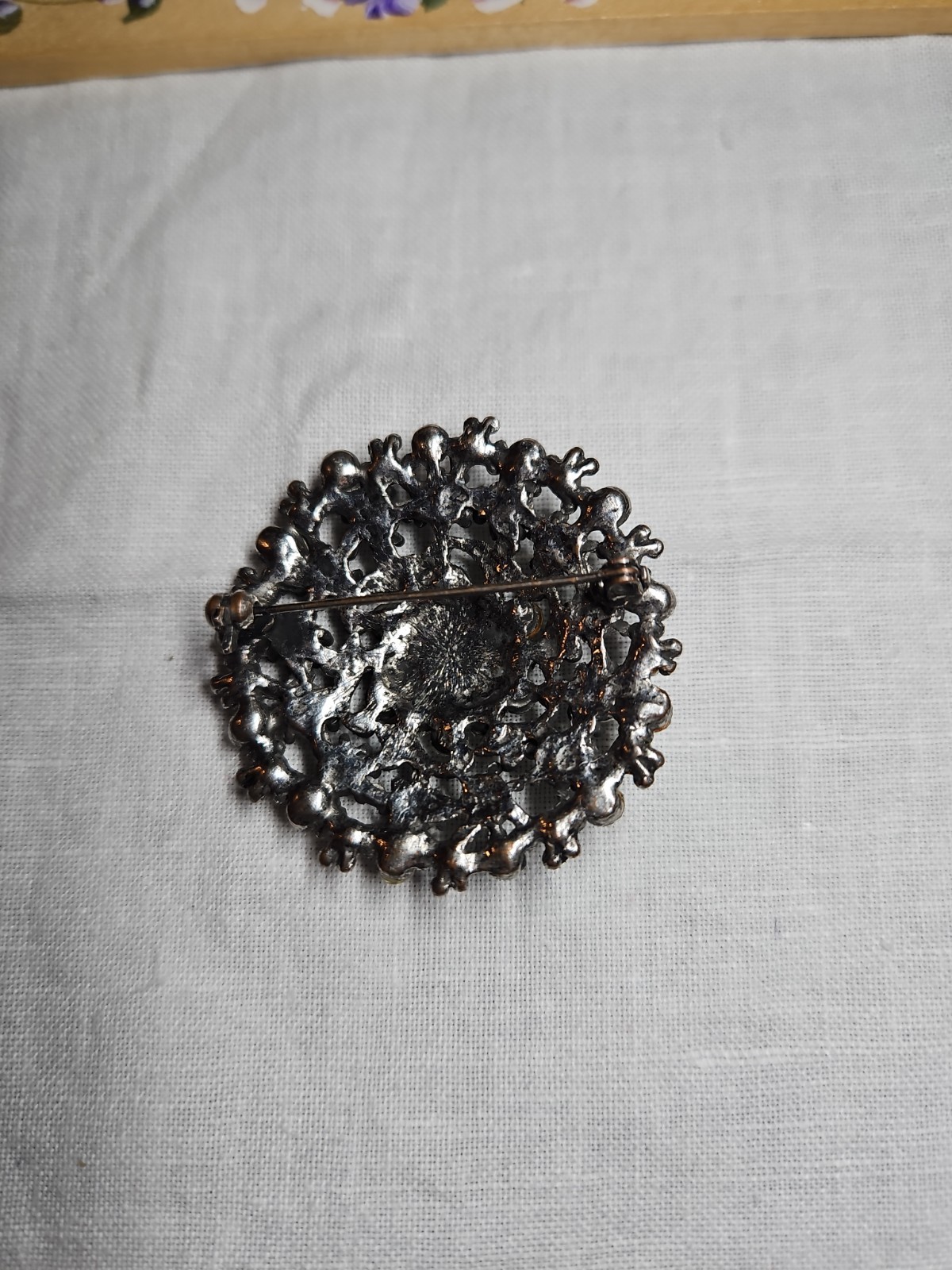VTG Estate Round Brooch Clear Rhinestones 1⅞ inches Dark Gray Silver Tone Finish