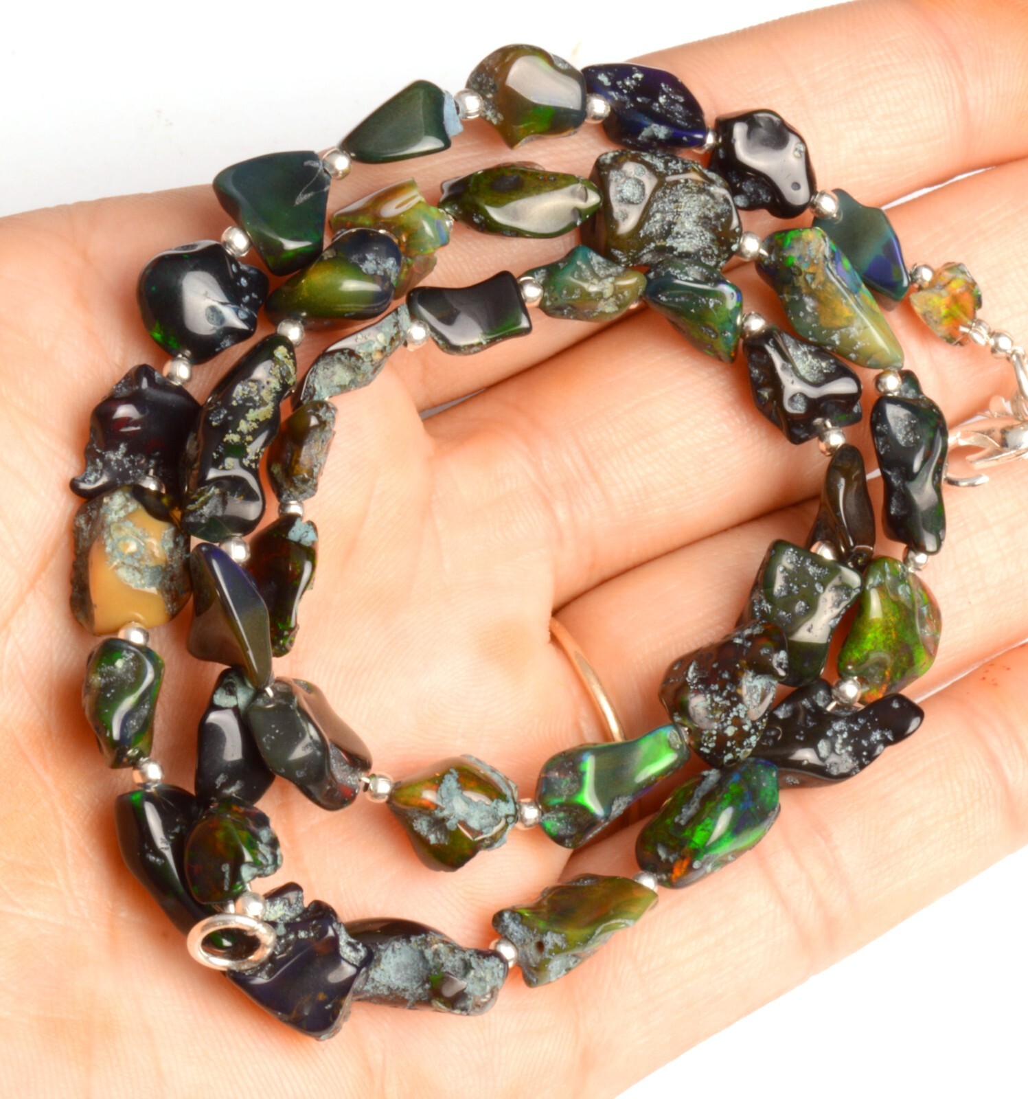 Natural Gem Welo Black Fire Opal 7 to 13 mm Rough Nugget Beads 18″ Necklace