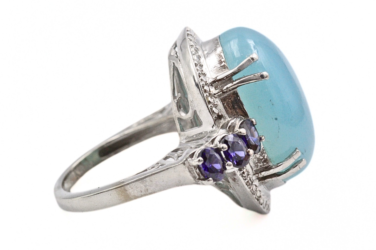 Karis STS Signed Rhodium Plate Light Blue Glass Cab Purple CZ Cocktail Ring Sz 9