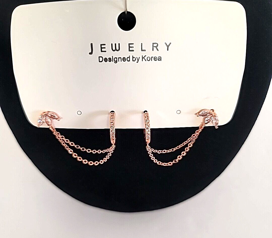 Jewelry Designed By Korea Rose Gold Tone Hoop w/ Chain To CZ Stud Post Earrings