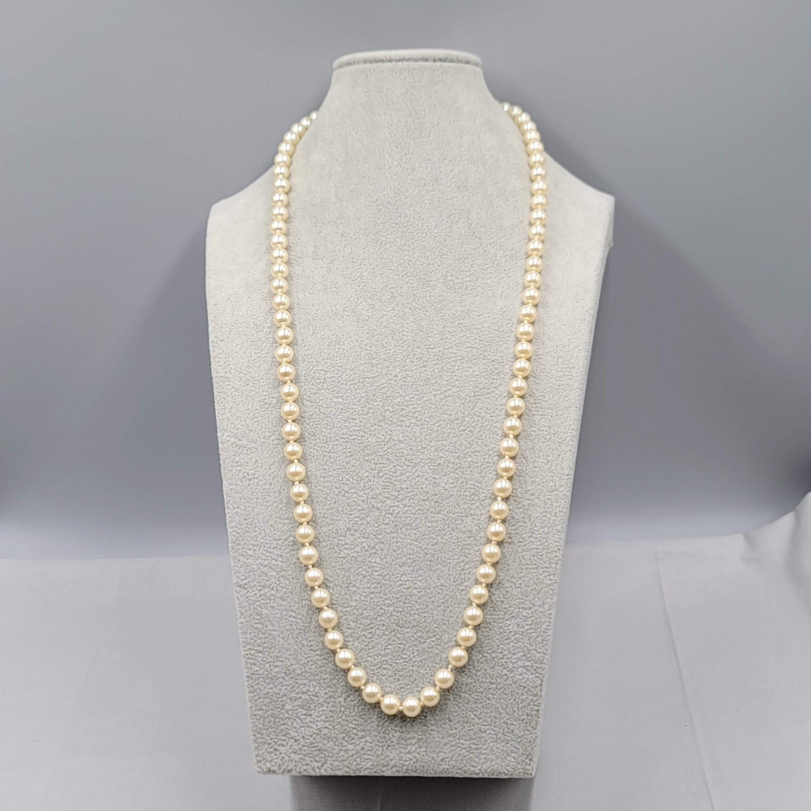 Vintage Glass Faux Pearl 8mm Bead Necklace Hand Knotted 30 in