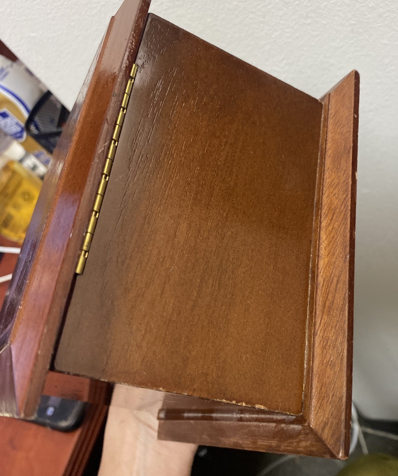Wooden Jewelry Box 6x6x4″ Hinged Lid Two Levels Mirror Green Velvet Interior