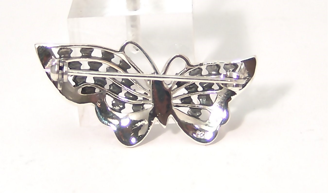 Butterfly Brooch Pin Sterling Silver Oxidized Marcasite 8.8 grams