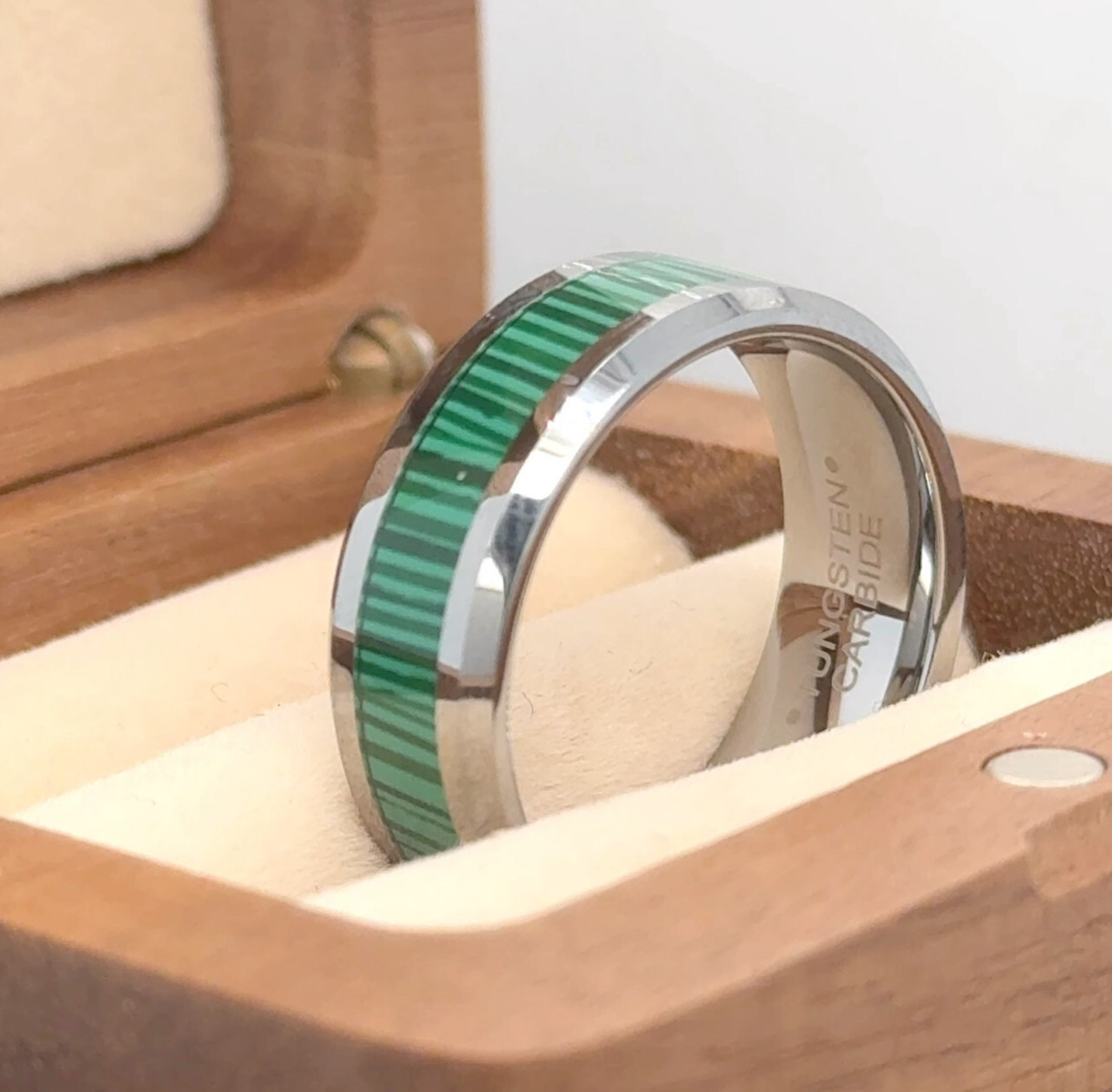 Stylish Silver Tungsten Wedding Band Green Faux Anniversary Daily Wear Ring