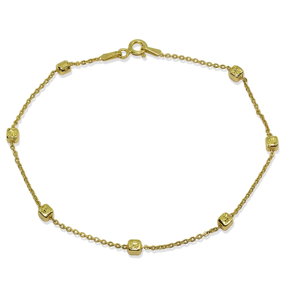 7.5 Inch Polished Square Cube Station Cable Chain Bracelet in Gold Plated Silver